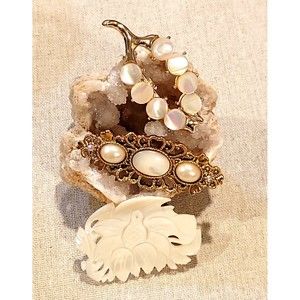 Vintage MOP Mother of Pearl pins Brooch lot of 3 Carved MCM & Victorian Revival